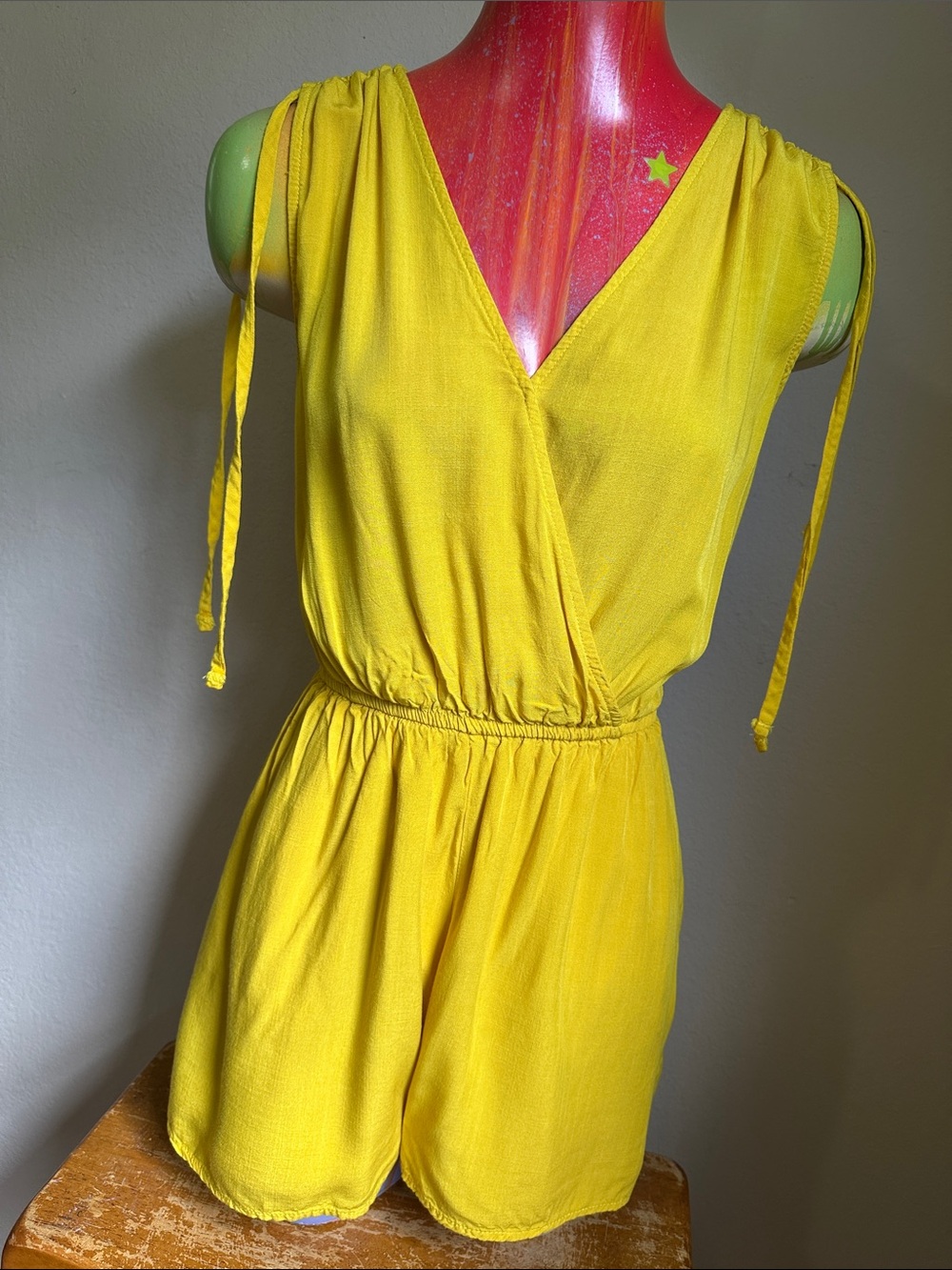 one clothing Yellow Sleeveless Romper with Ruched Tie Shoulders